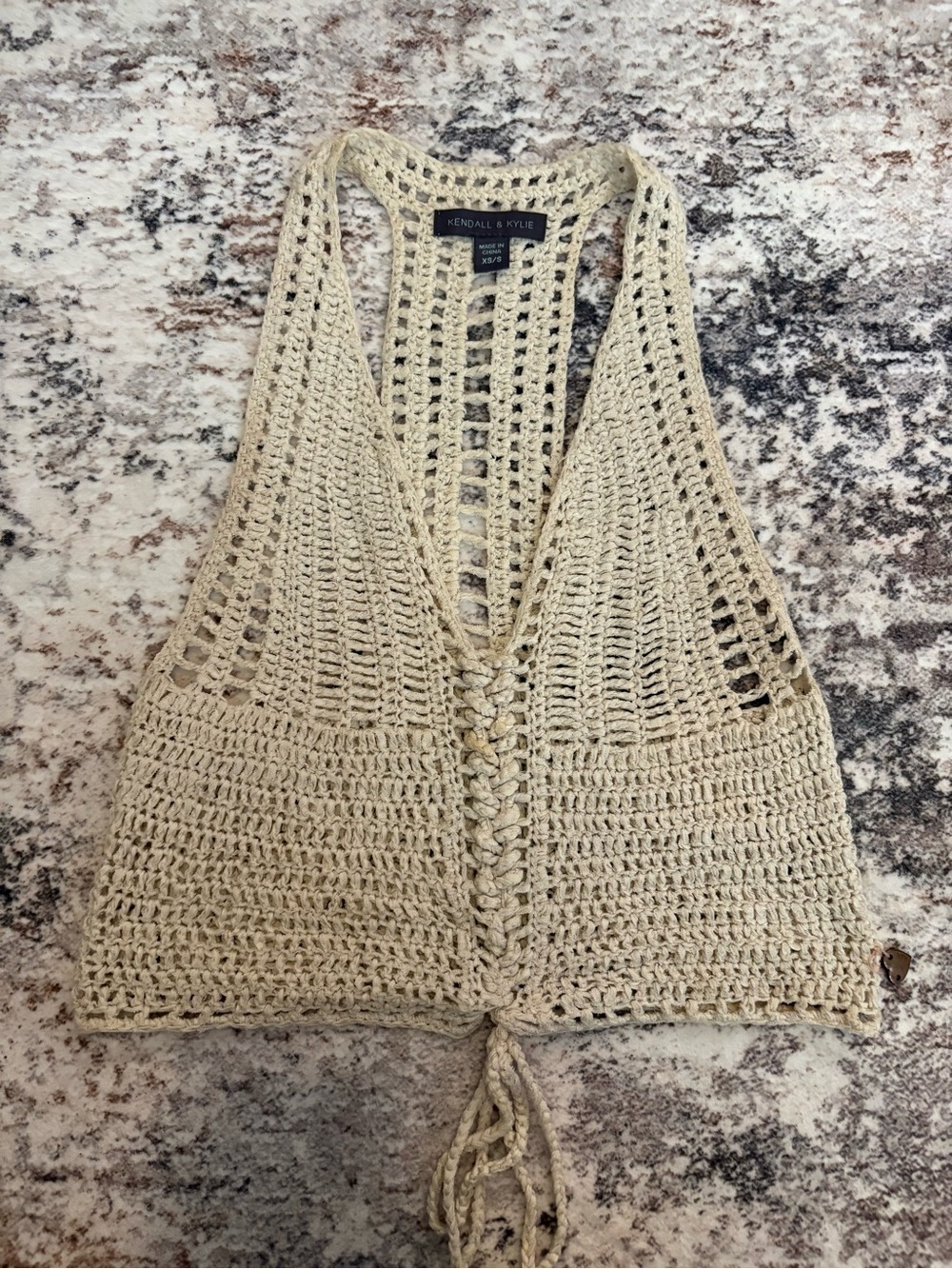 Kendall & Kylie Cream Crochet Tie-Front Halter Top